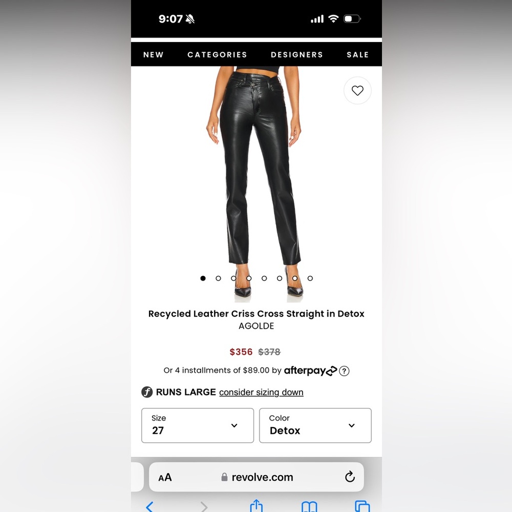 NWT AGOLDE CRISS CROSS LEATHER PANT SIZE 27